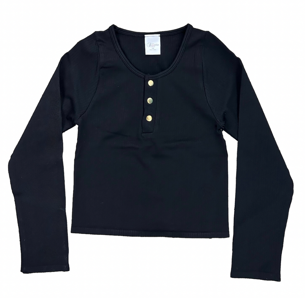 Long sleeve ribbed henley gold snaps