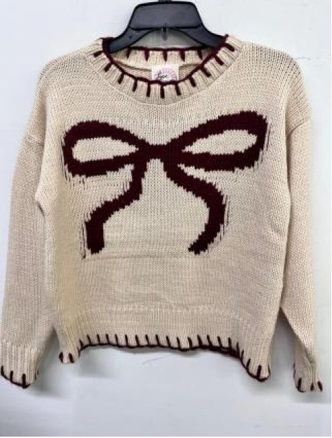 Burgundy Bow Blanket Stitch Sweater