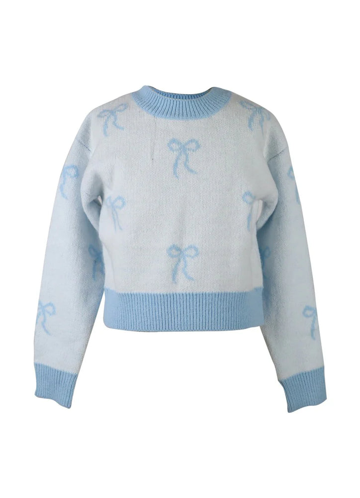 White Camryn Crew Sweater with Light Blue Bows