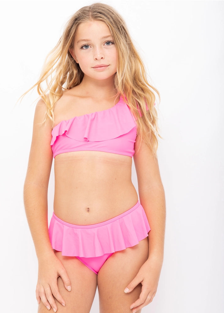 Neon Pink Ruffle One Shoulder Bikini