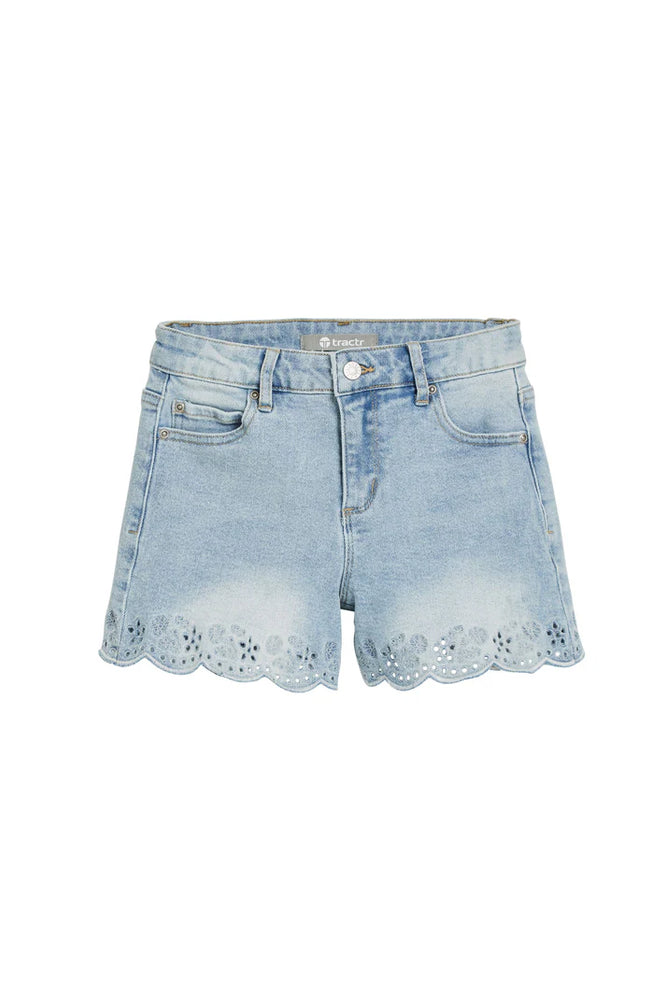 Tractr Floral Embroidery Eyelet Scallop Hem Denim Shorts