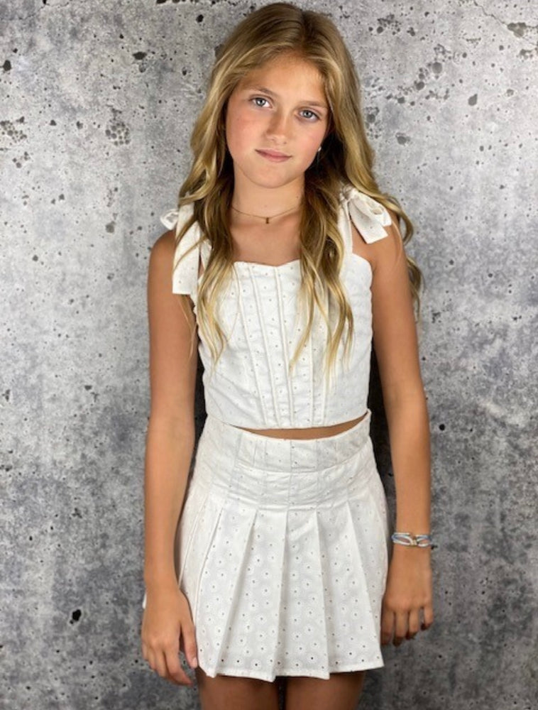 White Eyelet Pleated Skirt