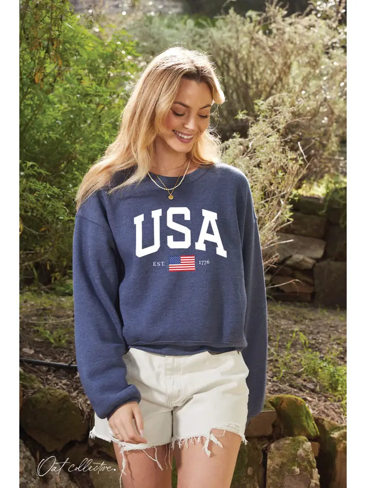 Vintage Denim Cropped USA Sweatshirt