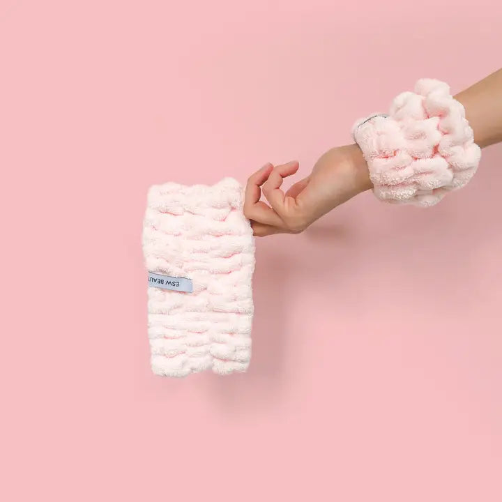 Pink Skincare Headband and Wristband Set