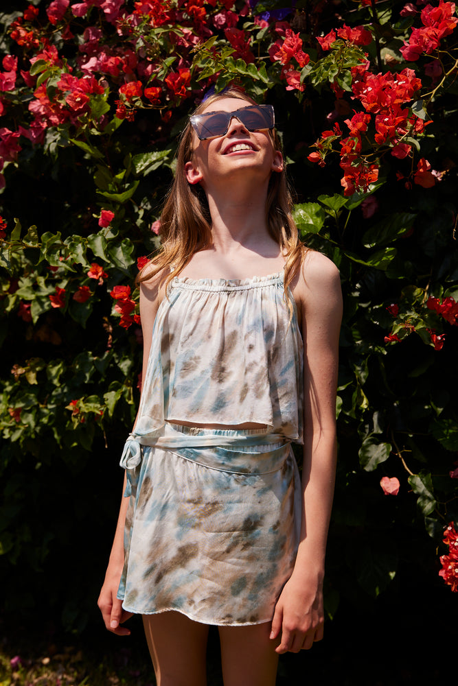 Olive & Blue Tie Dye Satin Wrap Skort