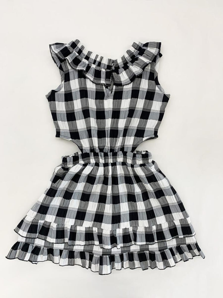 Black & Ivory Ruffle Check Dress with Side Cutout